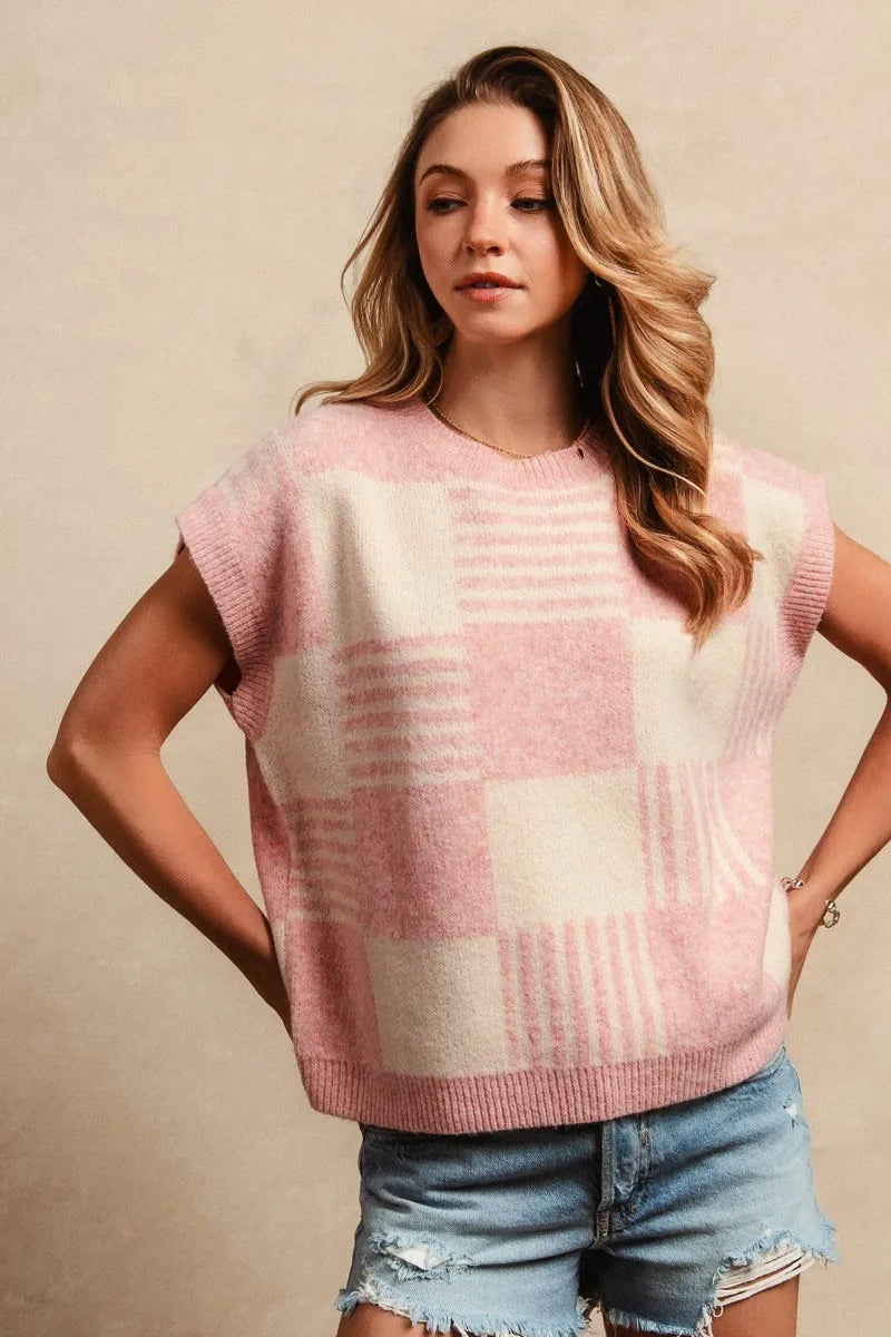 BiBi Checker With Stripes Pattern Sleeveless Sweater OutfitFlow