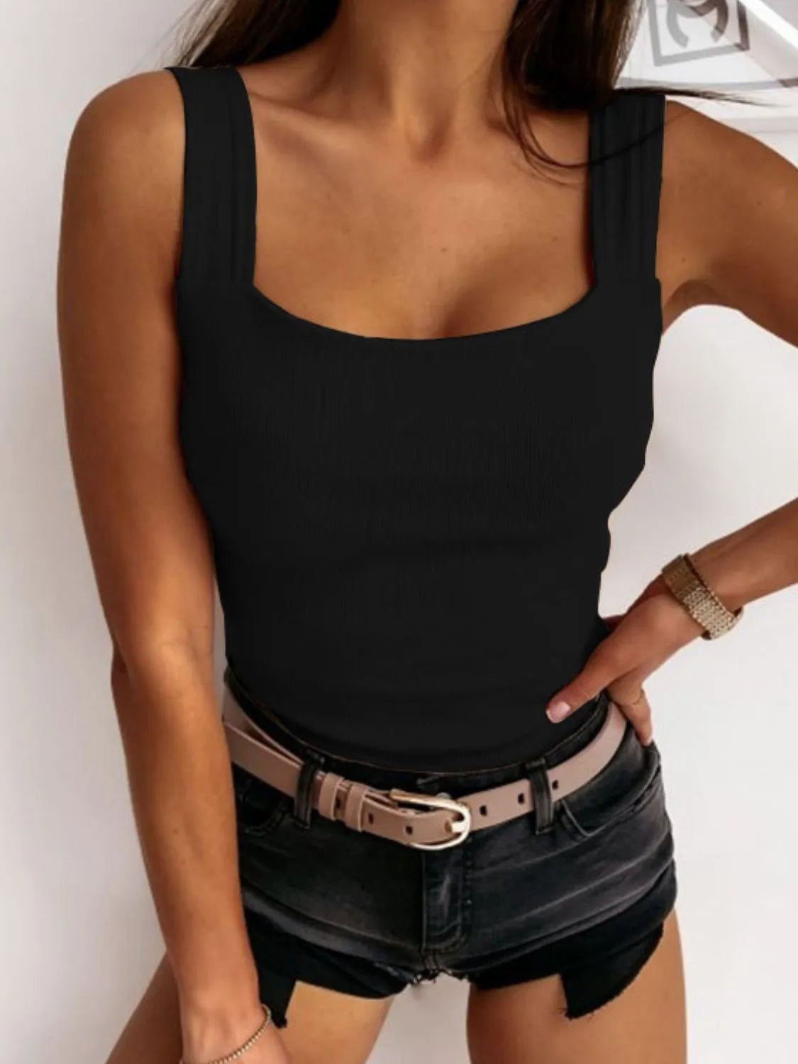 Square Neck Wide Strap Tank Black OutfitFlow