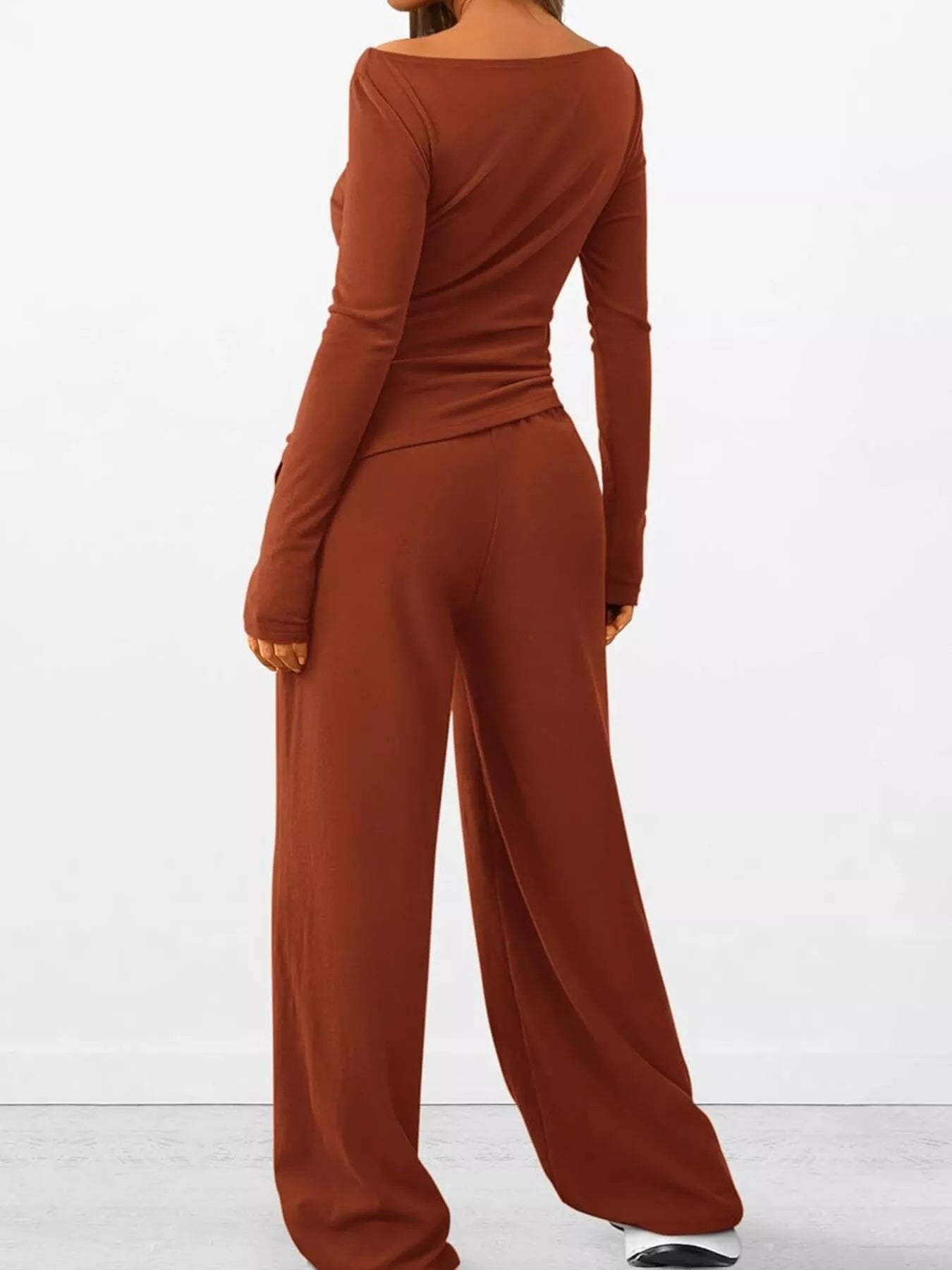 Long Sleeve Top and Wide Leg Pants Set OutfitFlow