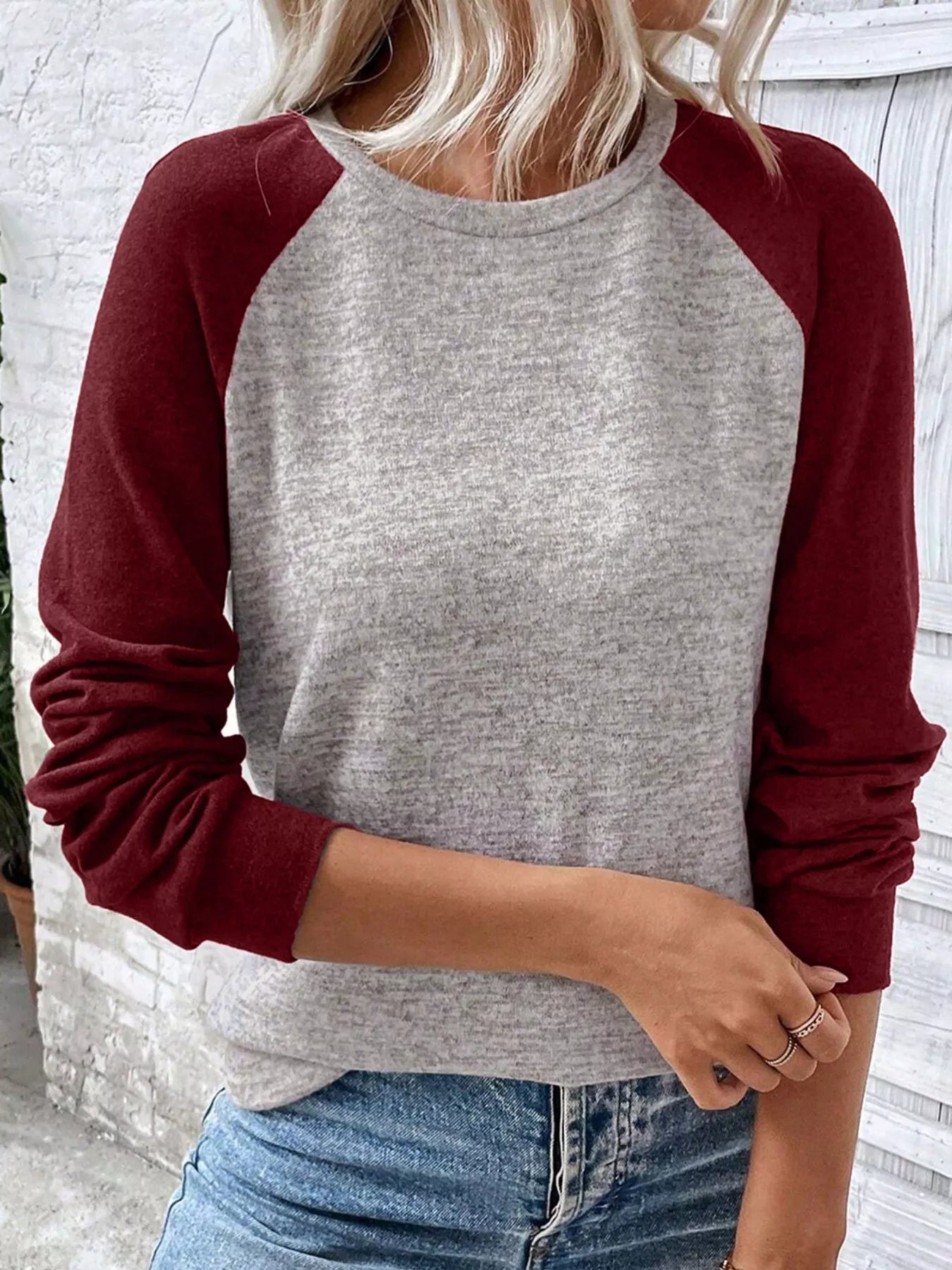 Color Block Raglan Long Sleeve T Shirt OutfitFlow