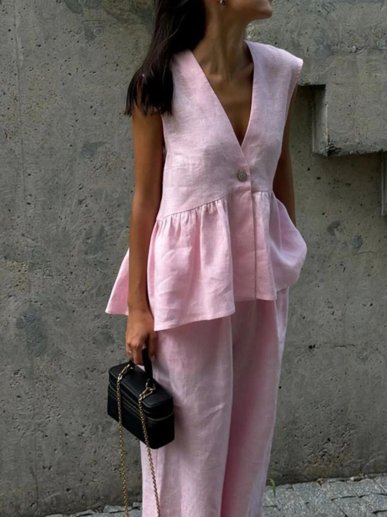 One Button Peplum Top and Pants Set OutfitFlow