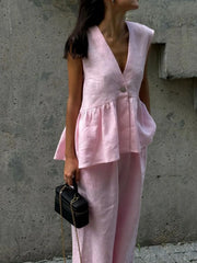 One Button Peplum Top and Pants Set OutfitFlow