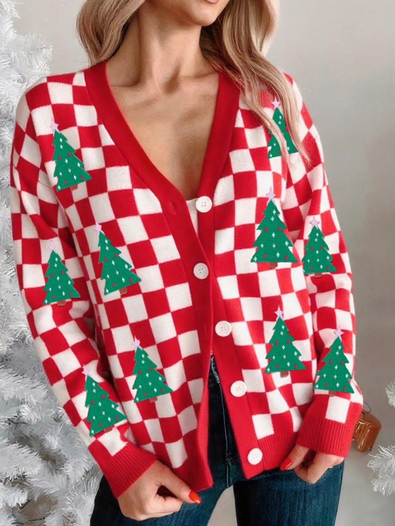 Christmas Tree Pattern Checkered Button V Neck Cardigan Deep Red OutfitFlow