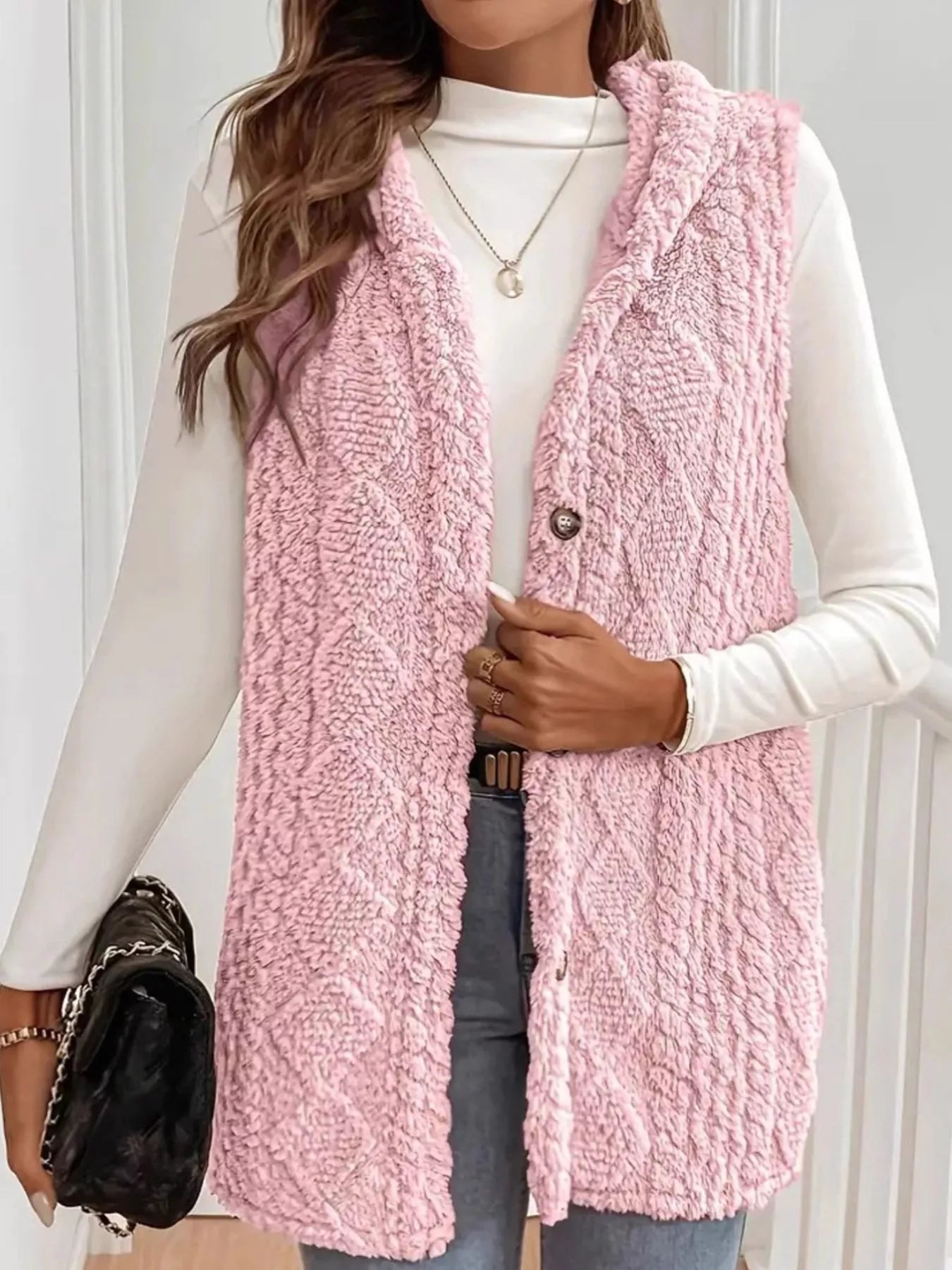 Button Up Plush Hooded Vest Coat OutfitFlow