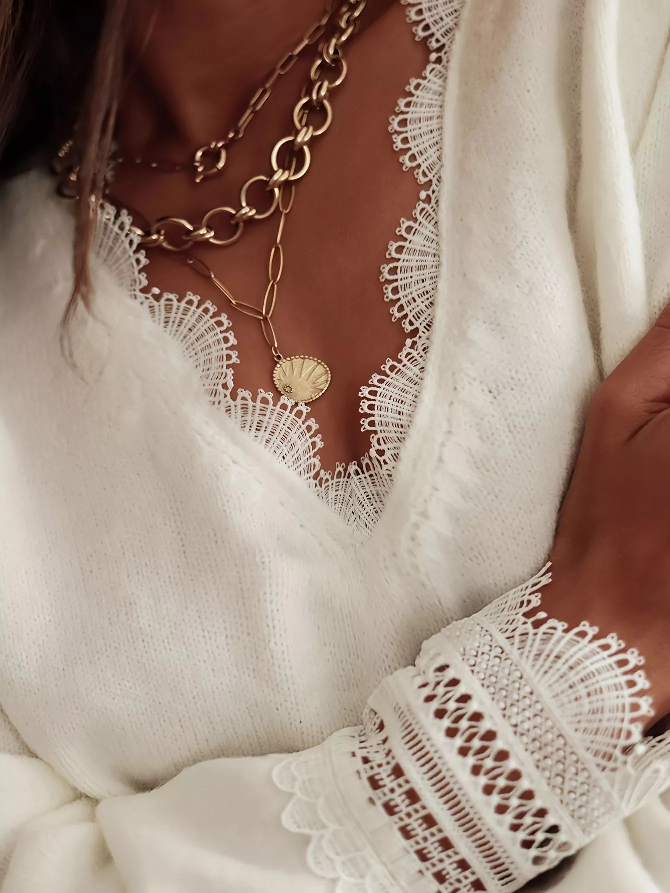 Lace Trim V-Neck Sweater OutfitFlow