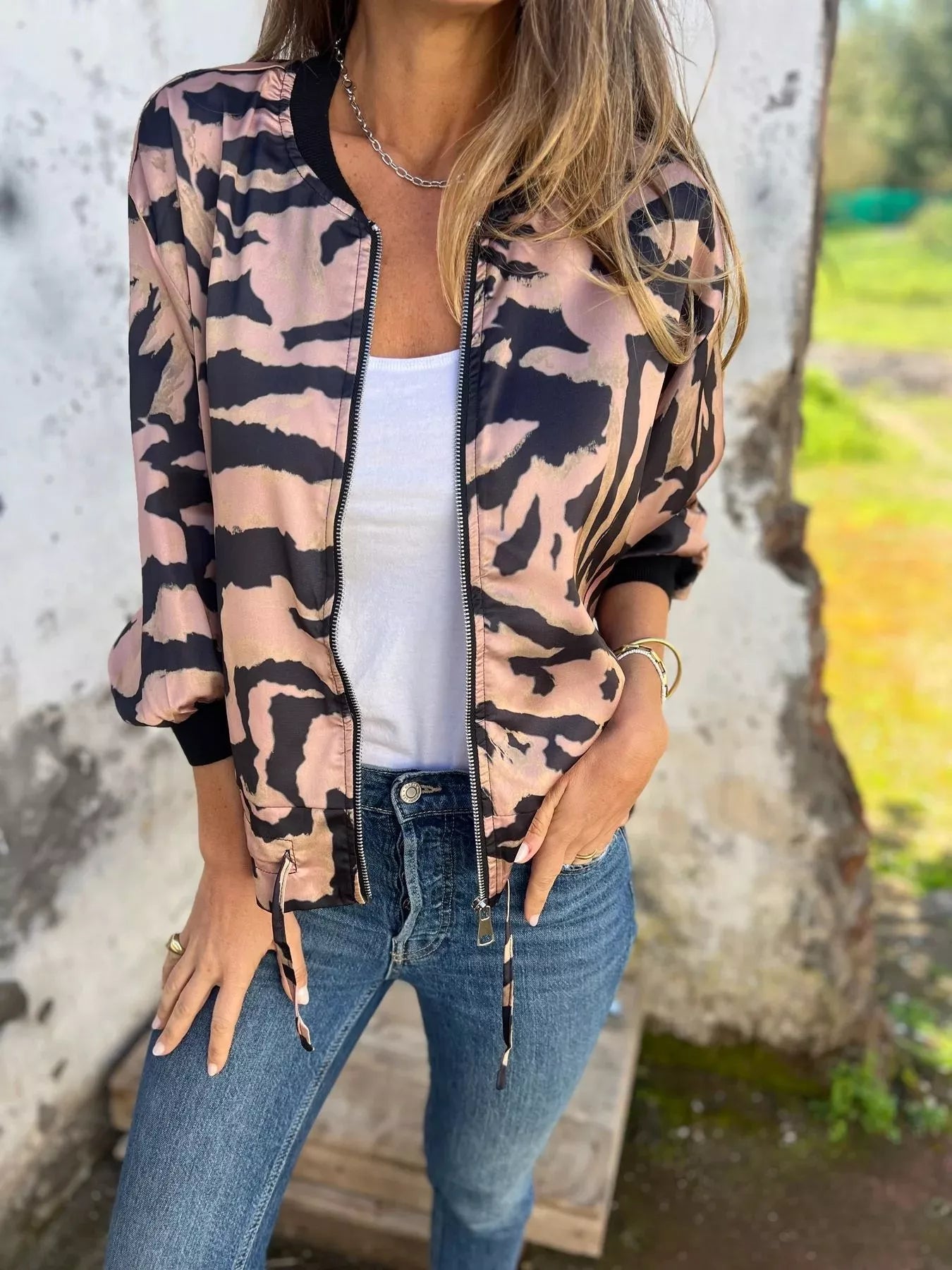 Full Size Zip Up Zebra Print Bomber Jacket Plus Size OutfitFlow