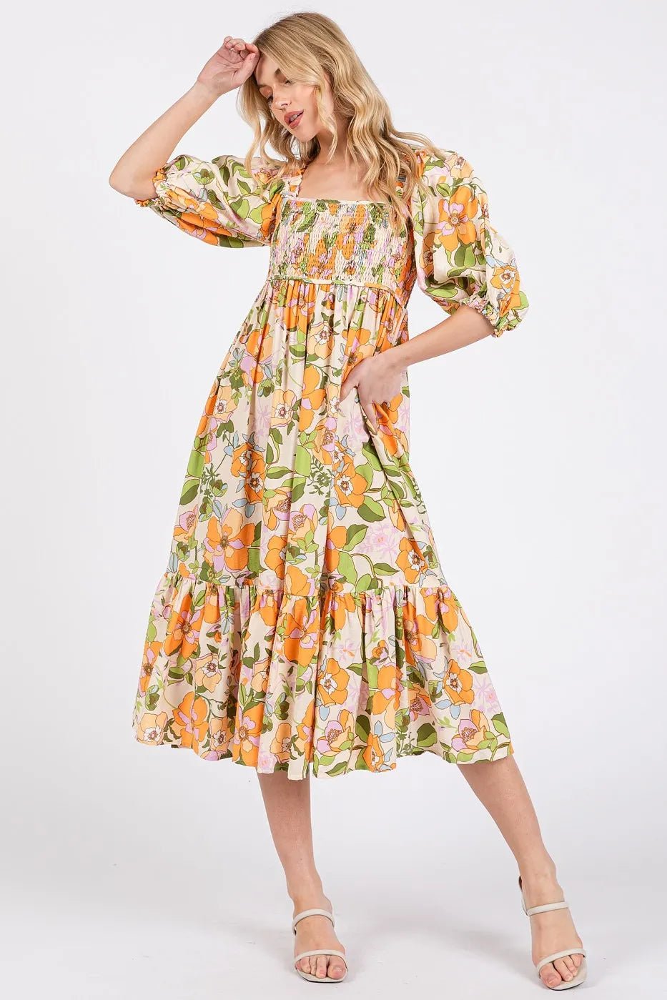 Mittoshop Flower Print Puff Sleeve Ruffle Smocked Midi Dress OutfitFlow
