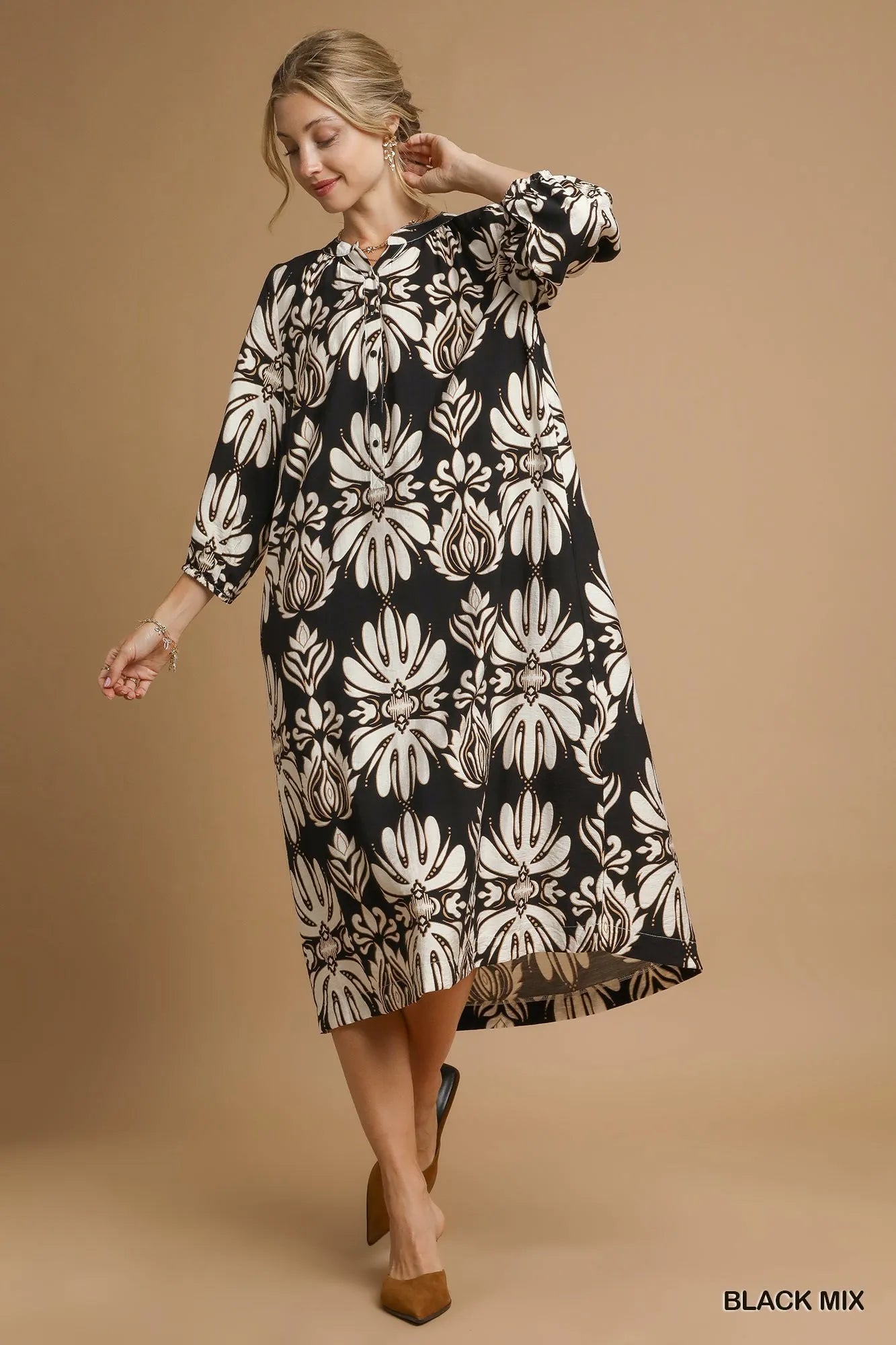 Umgee Mix Abstract Floral Print Midi Dress Trendsi