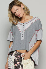 POL Round Neck Short Sleeve Contrast Stitching Top with Back Strap Detail OutfitFlow