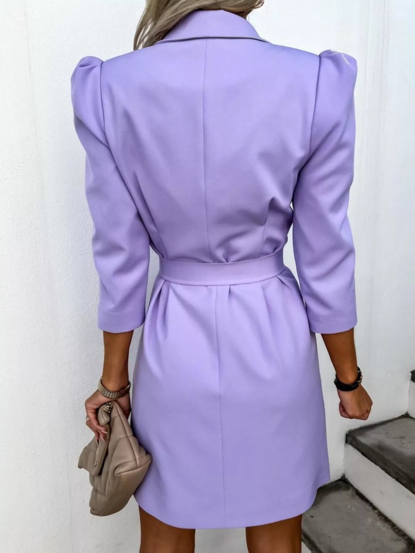 3/4 Sleeve Belted Blazer Dress OutfitFlow
