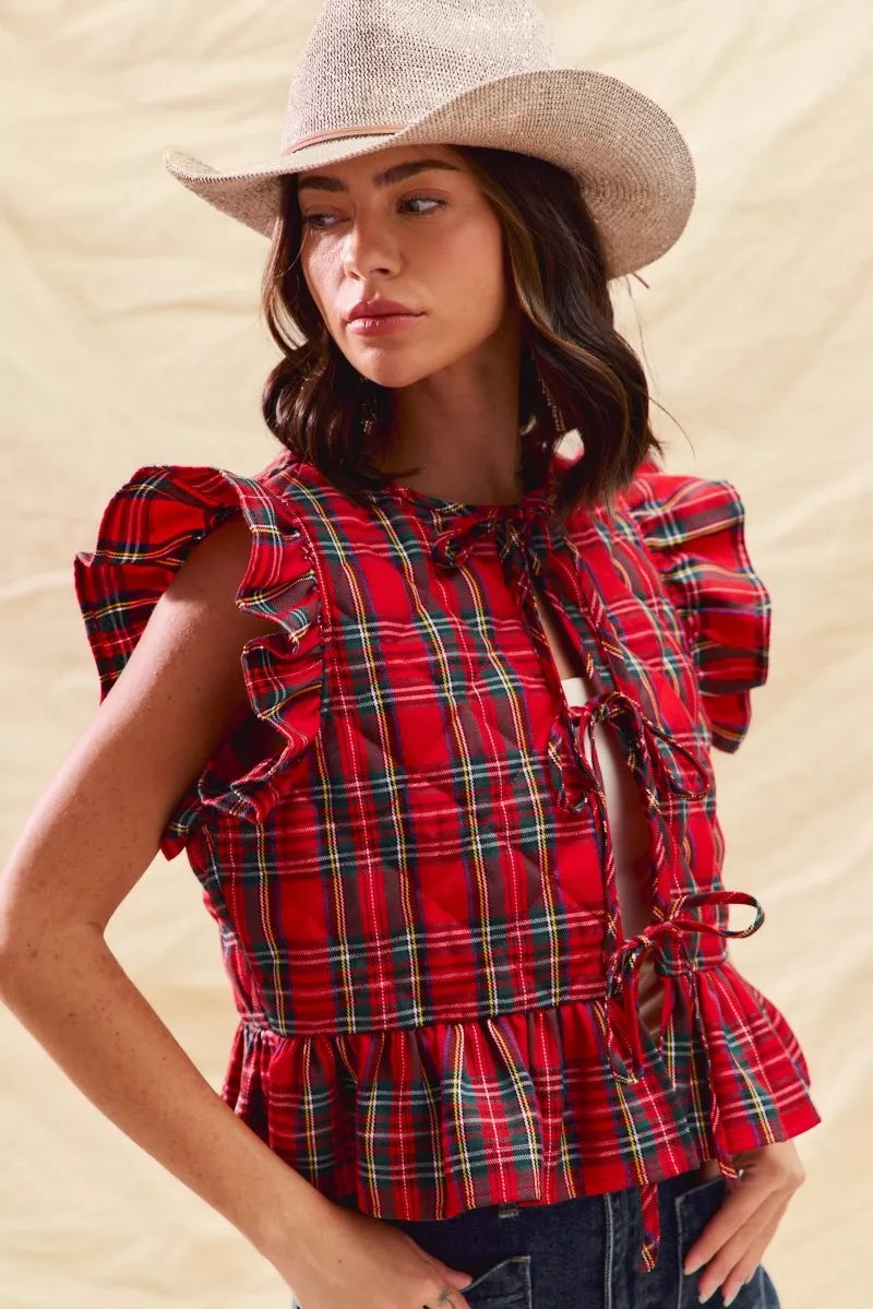 SO ME Christmas Holiday Plaid Ruffled Quilt Vest Top Trendsi