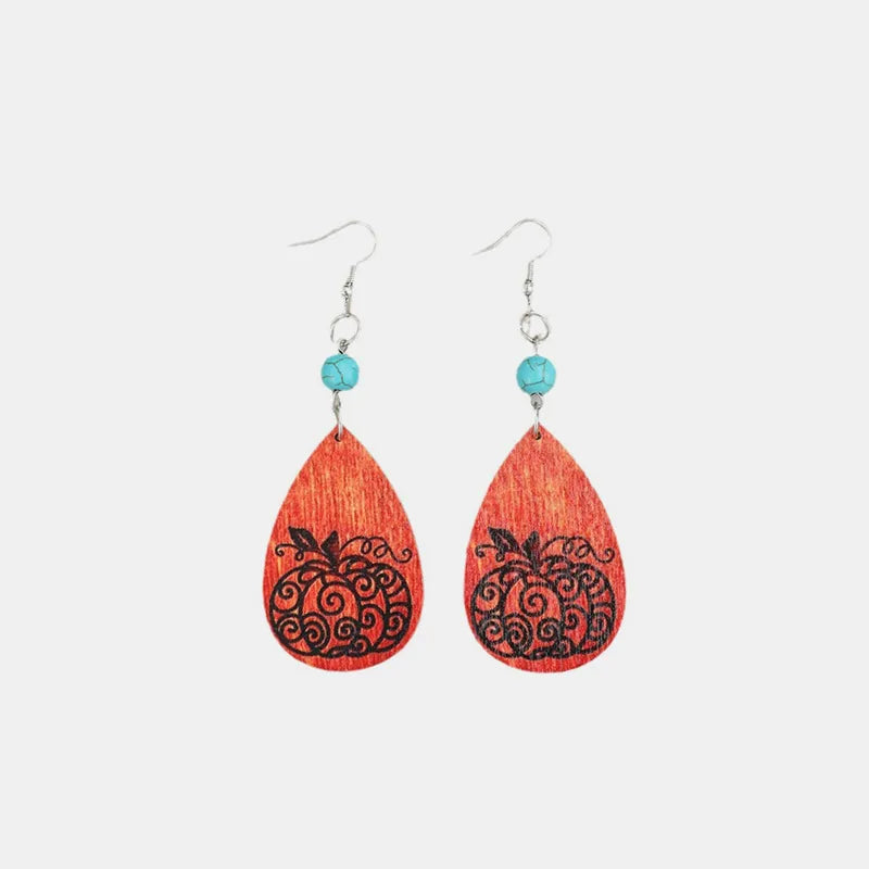 Turquoise Wooden Pumpkin Teardrop Earrings Silver One Size OutfitFlow