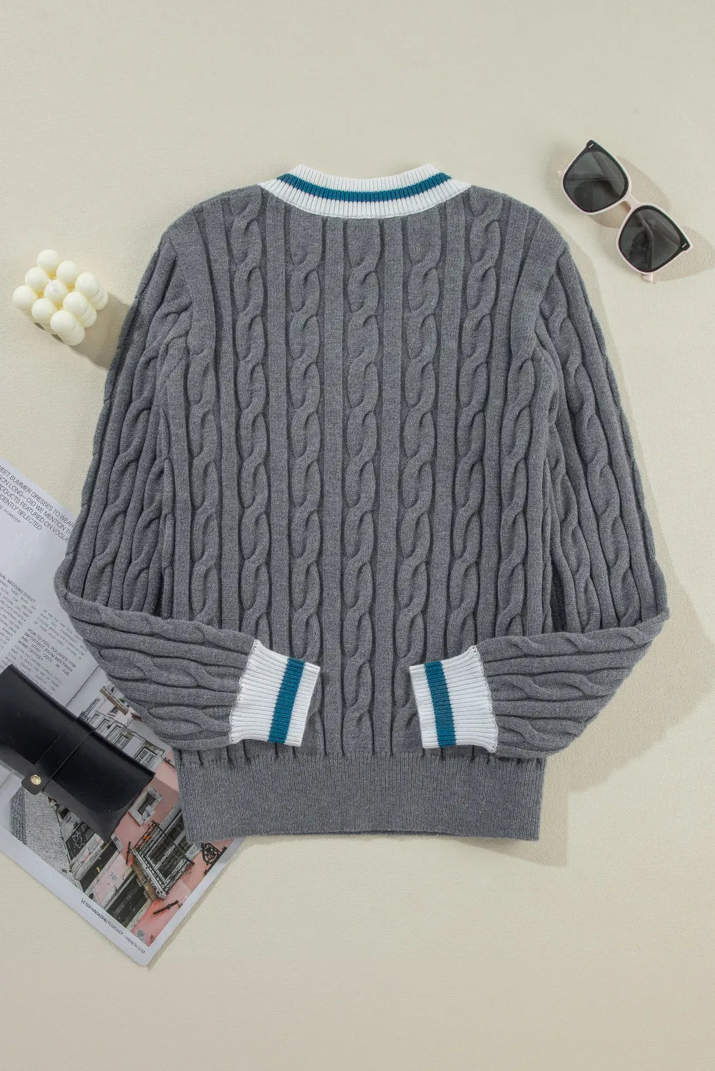 Cable-Knit V-Neck Long Sleeve Sweater Trendsi