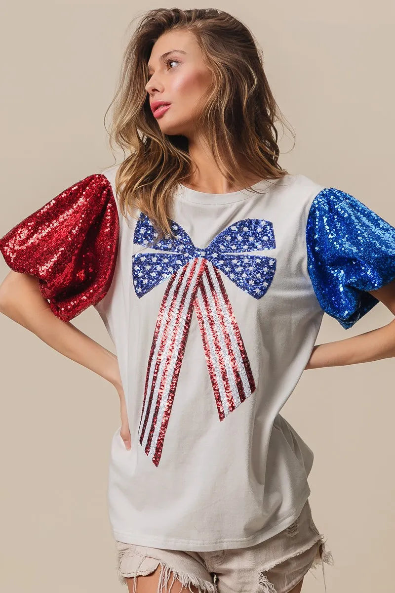 BiBi Sequin American Flag Bow Top OutfitFlow