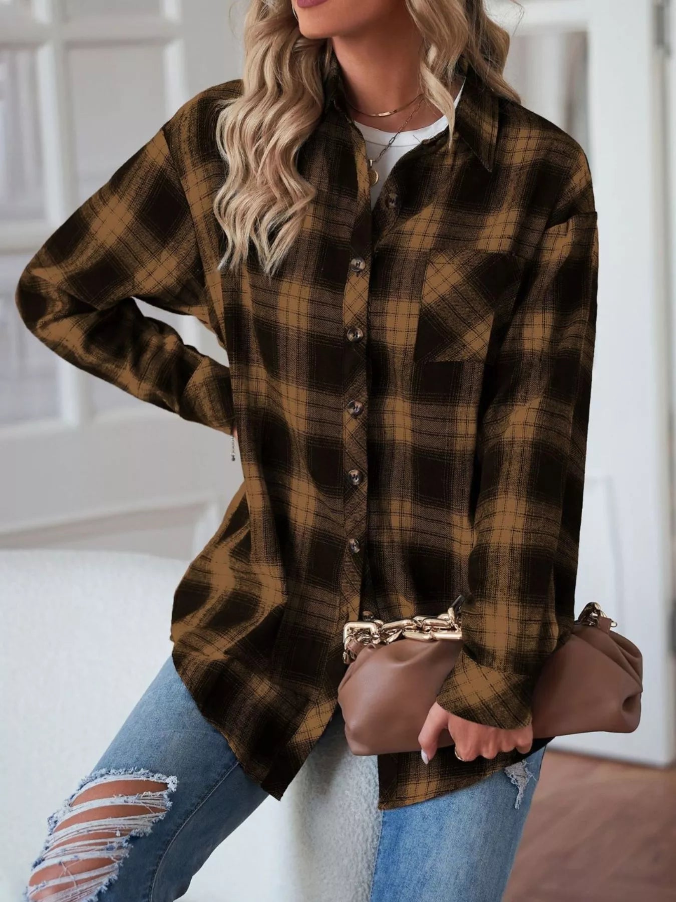 Casual Plaid Button Up Shirt Trendsi