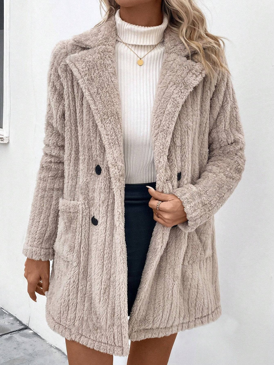 Outfit Flow - Fuzzy Button Up Long Sleeve Coat with Pockets