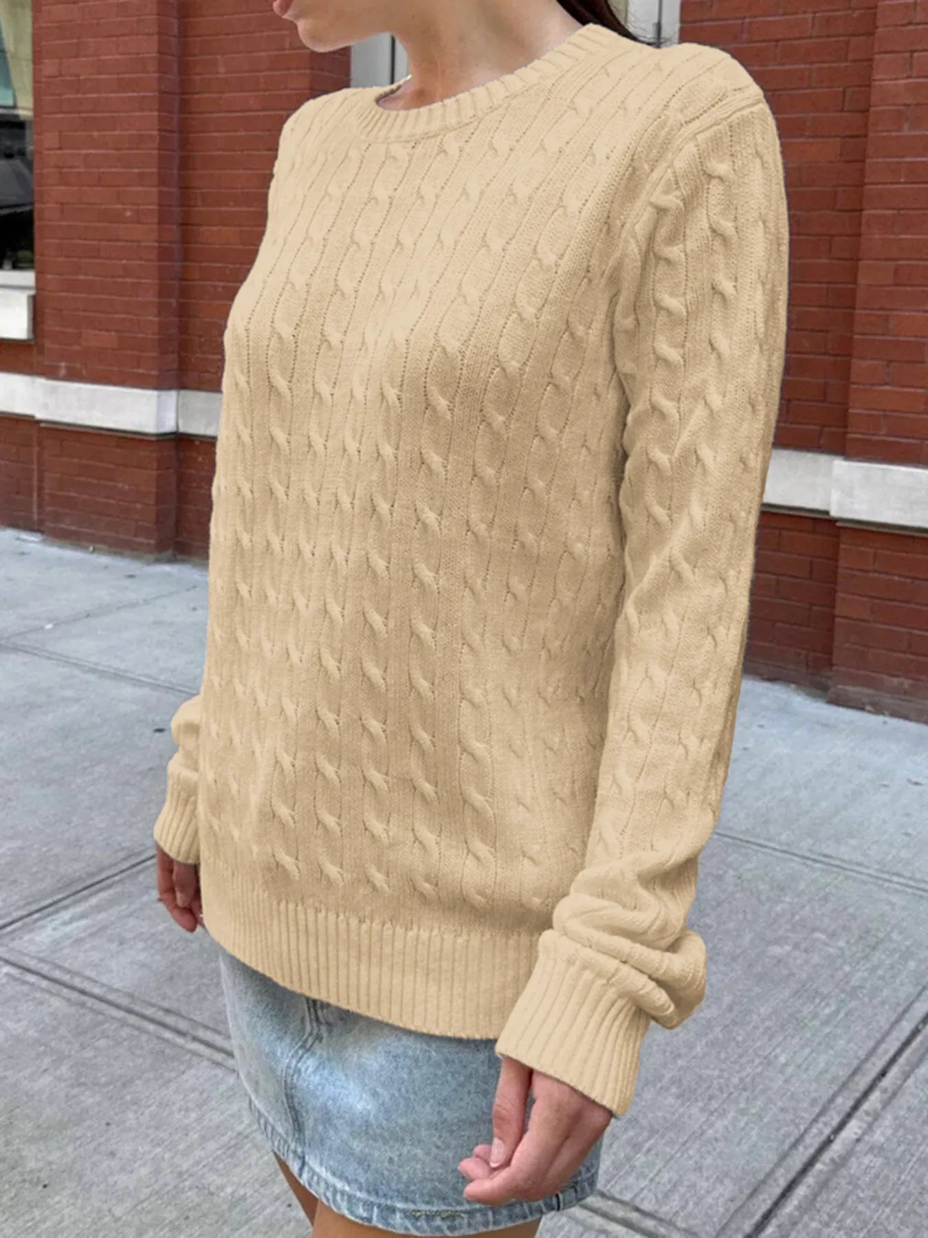 Cable-Knit Round Neck Pullover Sweater Khaki OutfitFlow