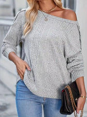 Boat Neck Ribbed Knit T-Shirt Light Gray OutfitFlow