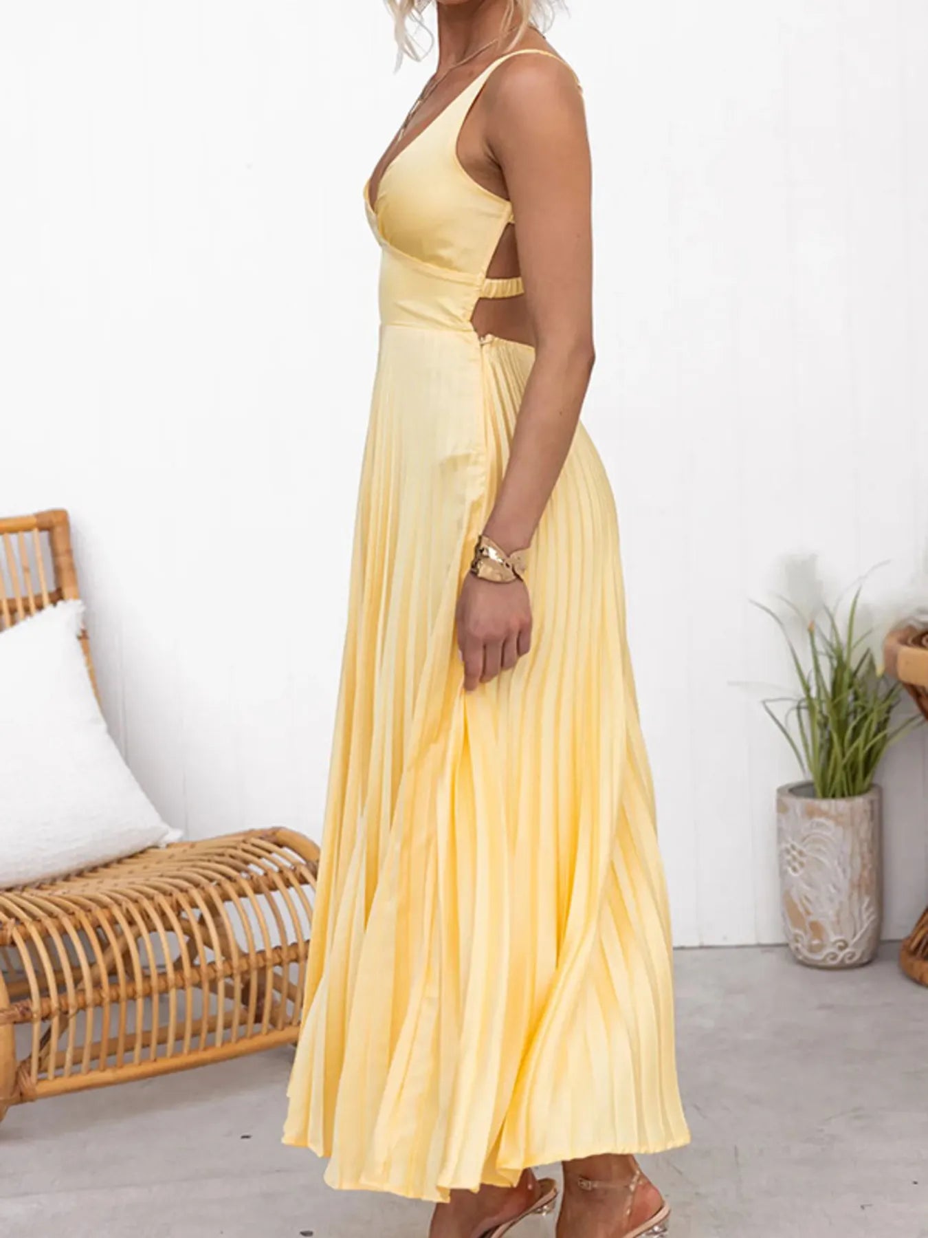 Pleated V-Neck Sleeveless Maxi Dress OutfitFlow