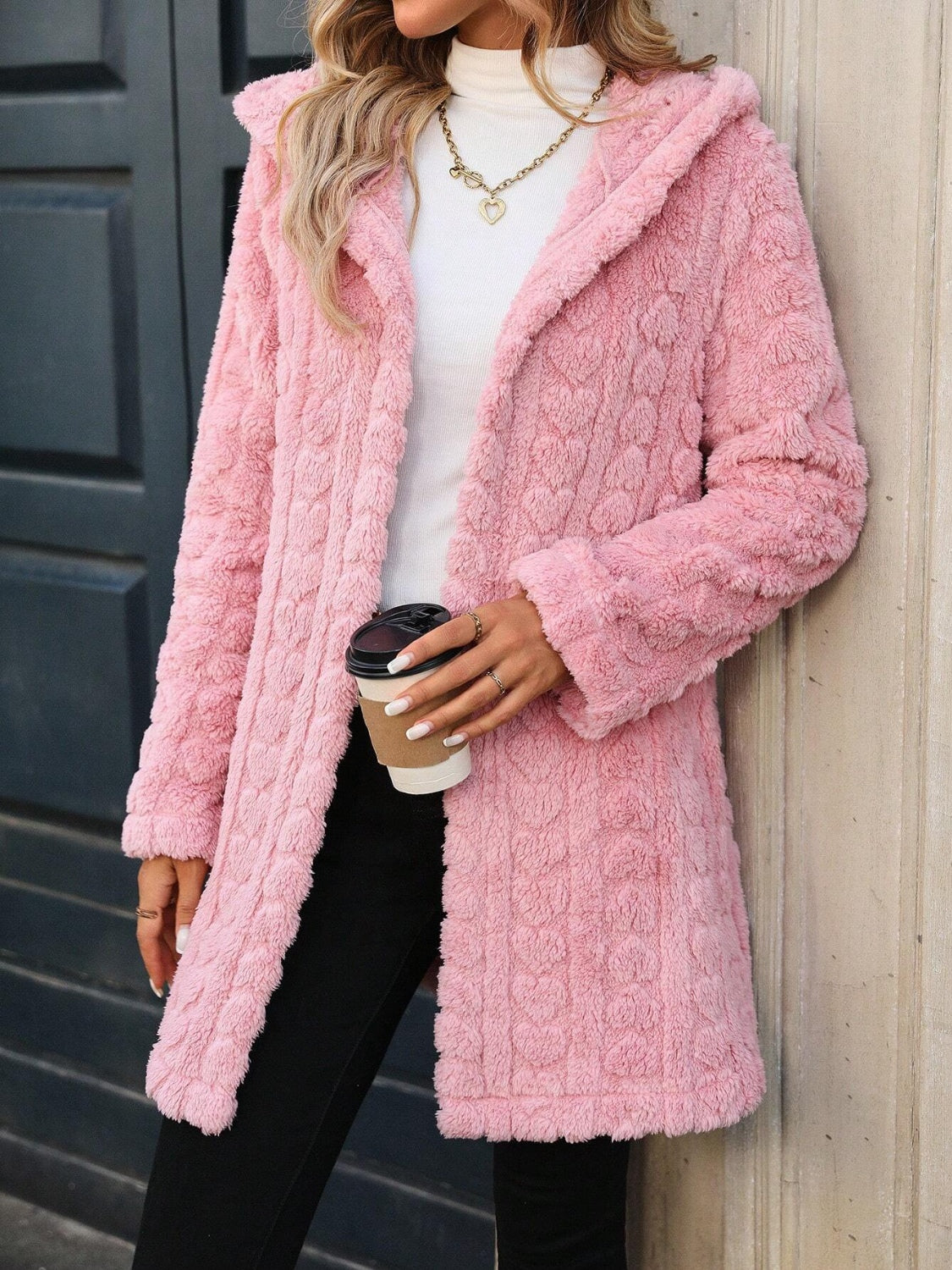 Outfit Flow - Heart Open Front Hooded Fuzzy Coat