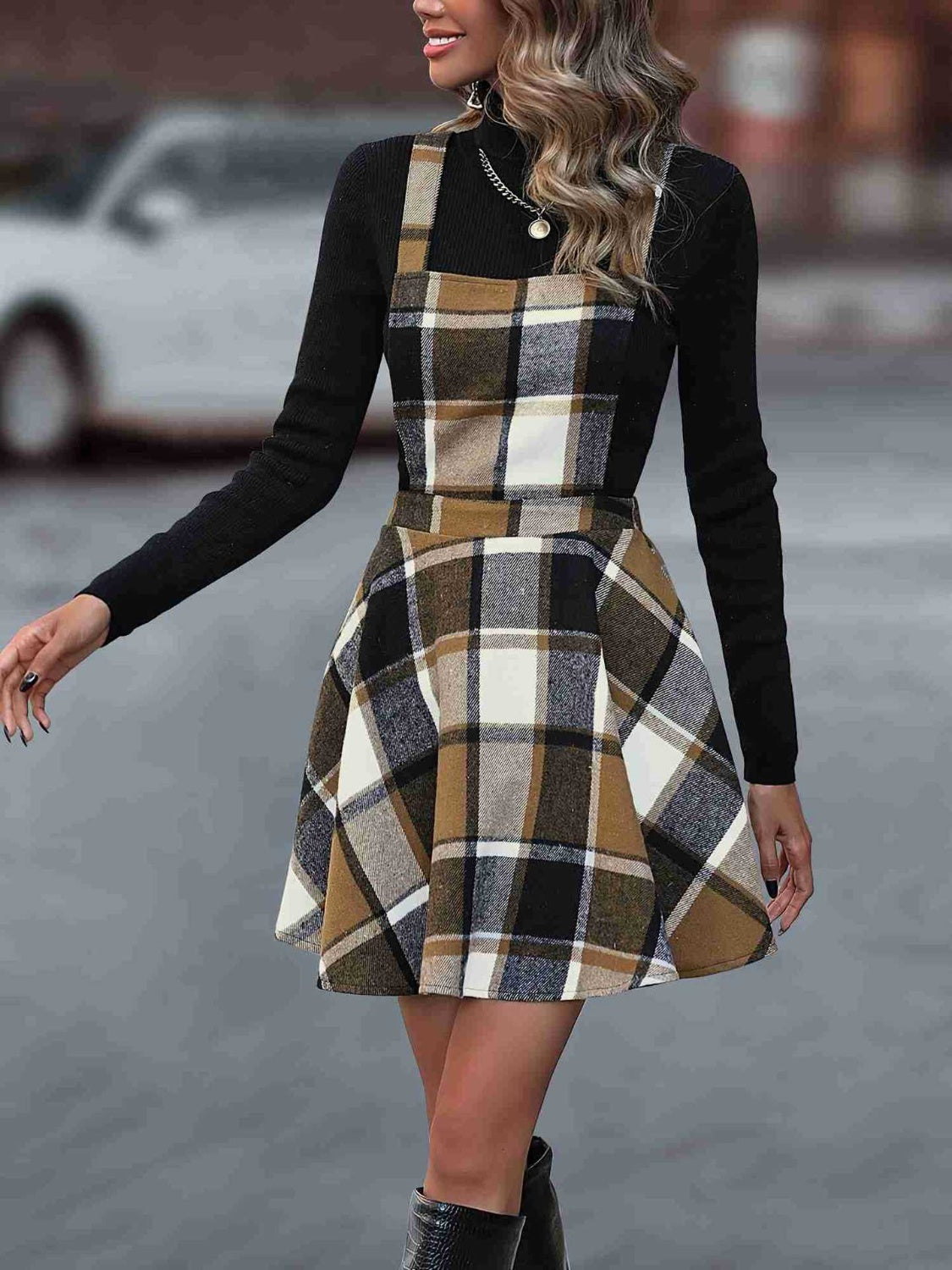 Outfit Flow - Crisscross Plaid Wide Strap Overall Dress