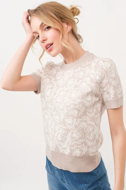 And The Why Short Sleeve Rose Pattern Knit Top OutfitFlow