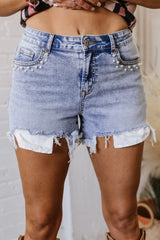 Pearl Studded Pockets Raw Hem Denim Shorts Light Blue OutfitFlow