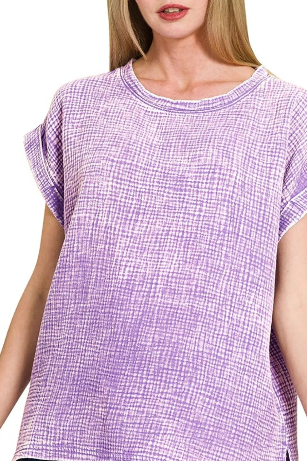 Zenana Woven Double Gauze Acid Washed Short Sleeve Top OutfitFlow
