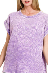Zenana Woven Double Gauze Acid Washed Short Sleeve Top OutfitFlow