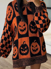 Exposed Seam Pumpkin Round Neck Long Sleeve Sweater Ochre OutfitFlow