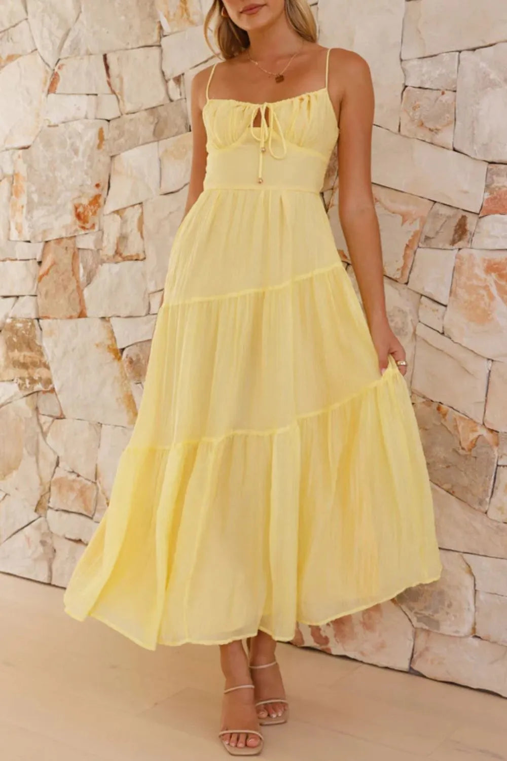 Ruched Smocked Back Cami Dress Yellow OutfitFlow