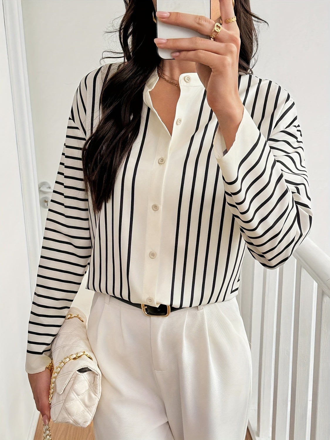 Outfit Flow - Striped Mock Neck Long Sleeve Shirt