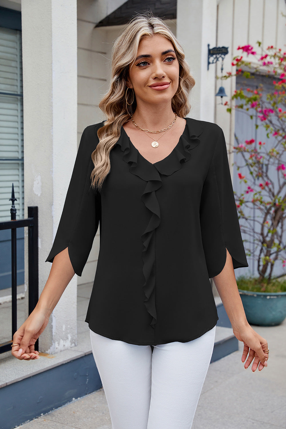 Outfit Flow - Ruffled V-Neck Three-Quarter Sleeve Blouse