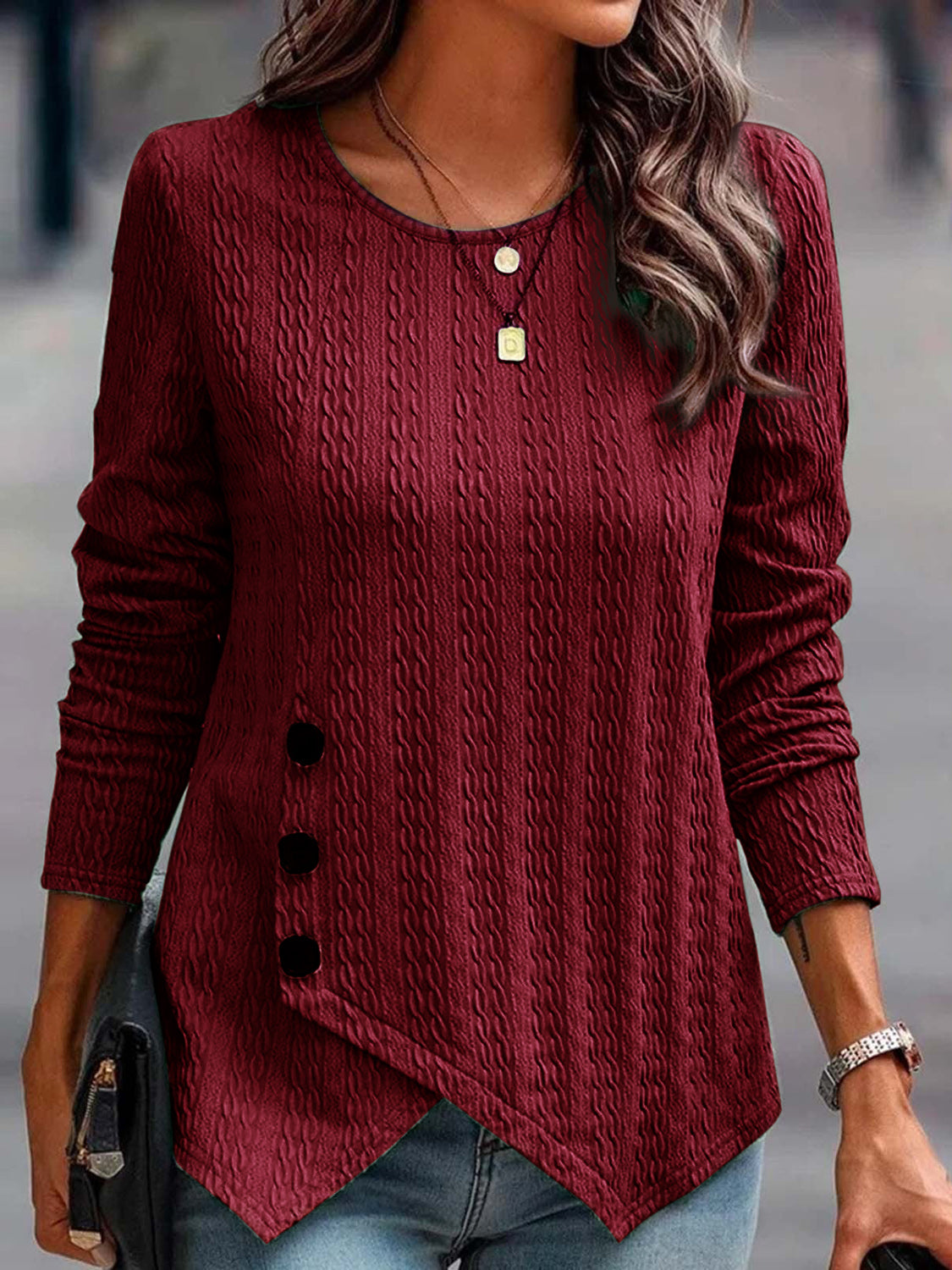 Outfit Flow - Decorative Button Round Neck Long Sleeve Top