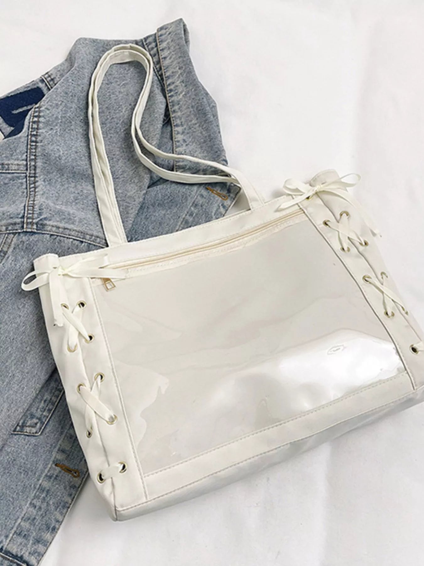 Lace-Up Trim Clear Panel Shoulder Bag OutfitFlow