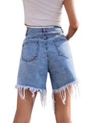 High Waisted Frayed Hem Denim Shorts OutfitFlow