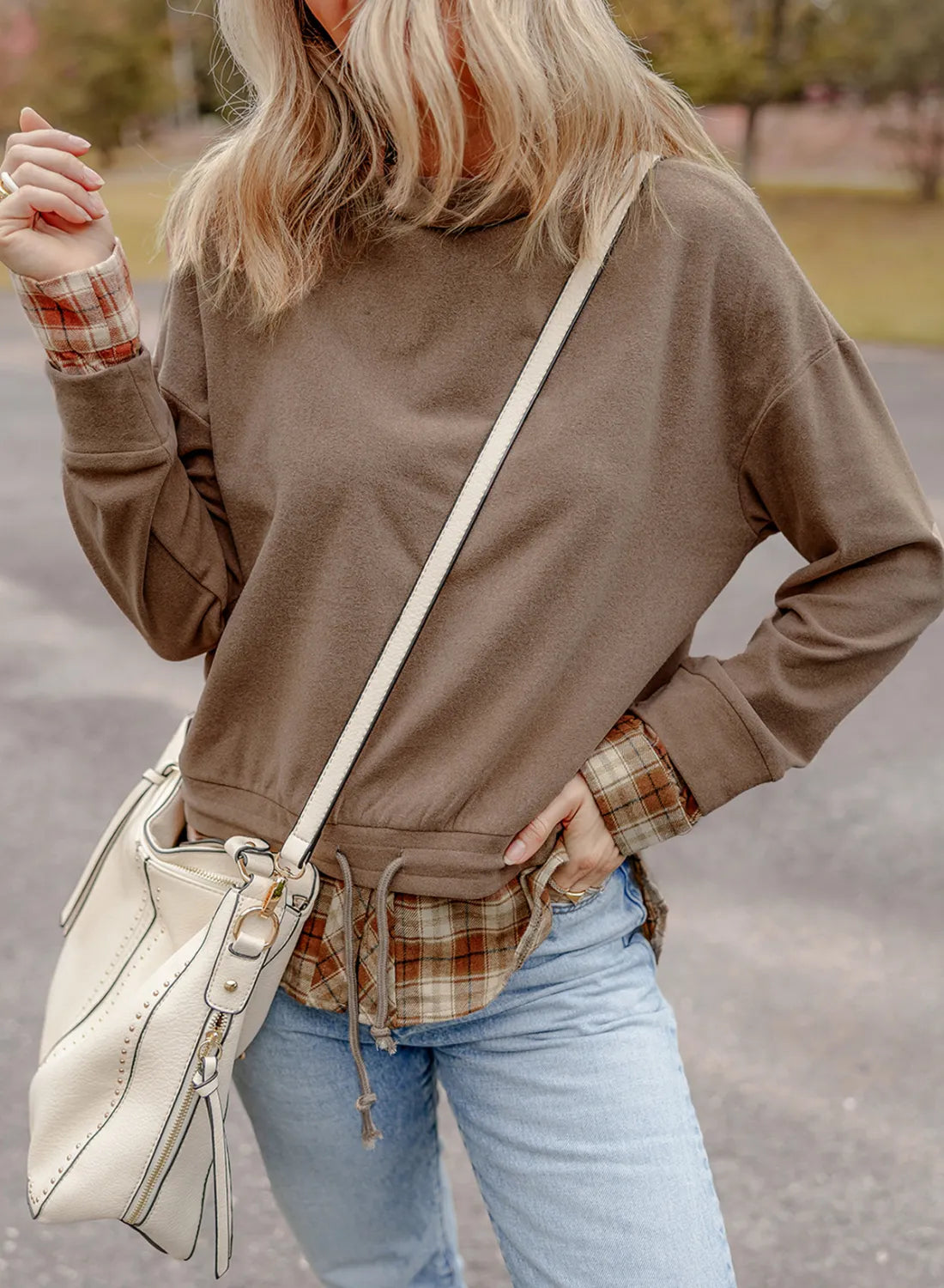 Drawstring Plaid Turtleneck Long Sleeve Top