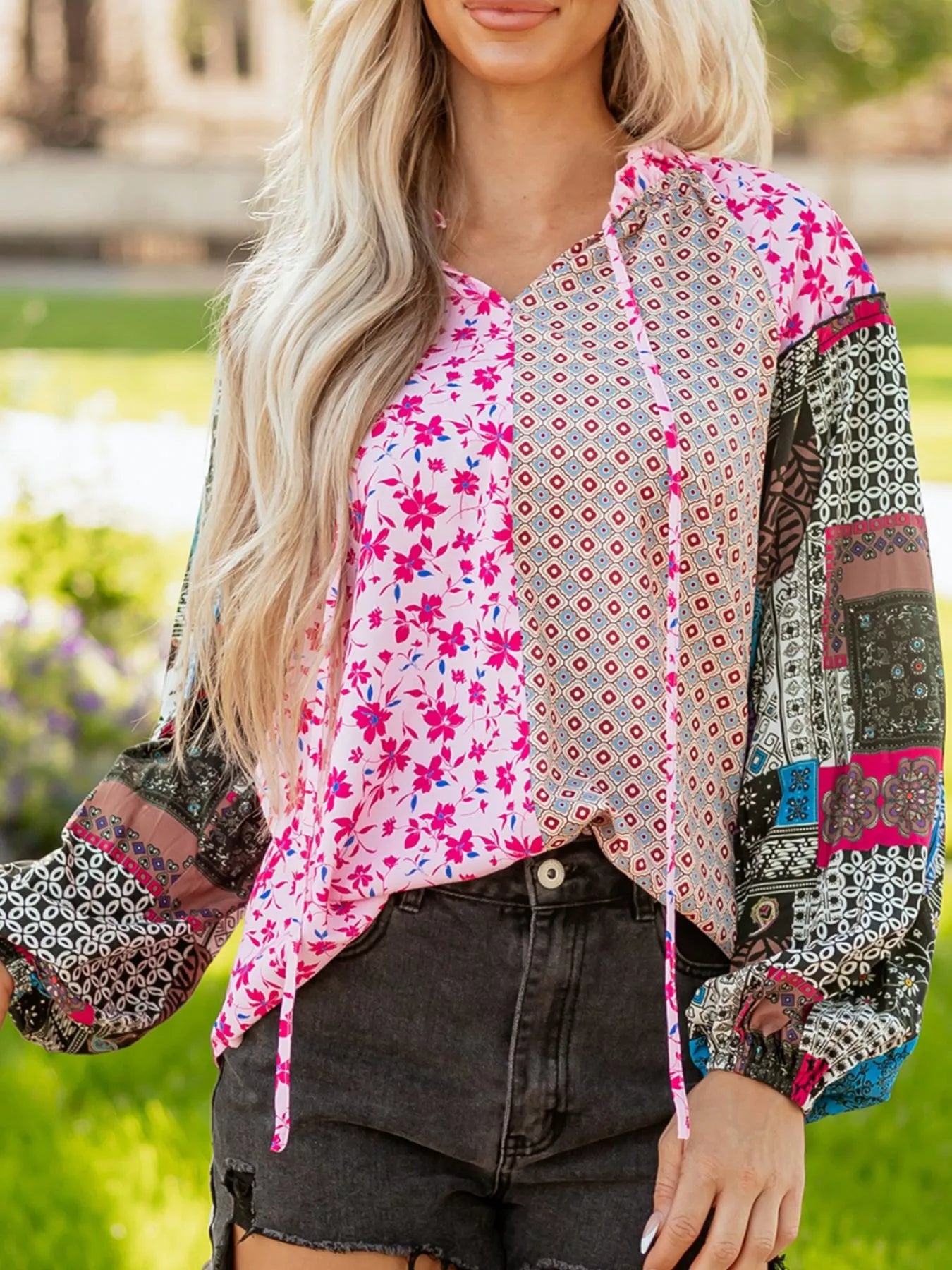 Boho Mixed Floral Drop Shoulder Bubble Sleeve Blouse OutfitFlow