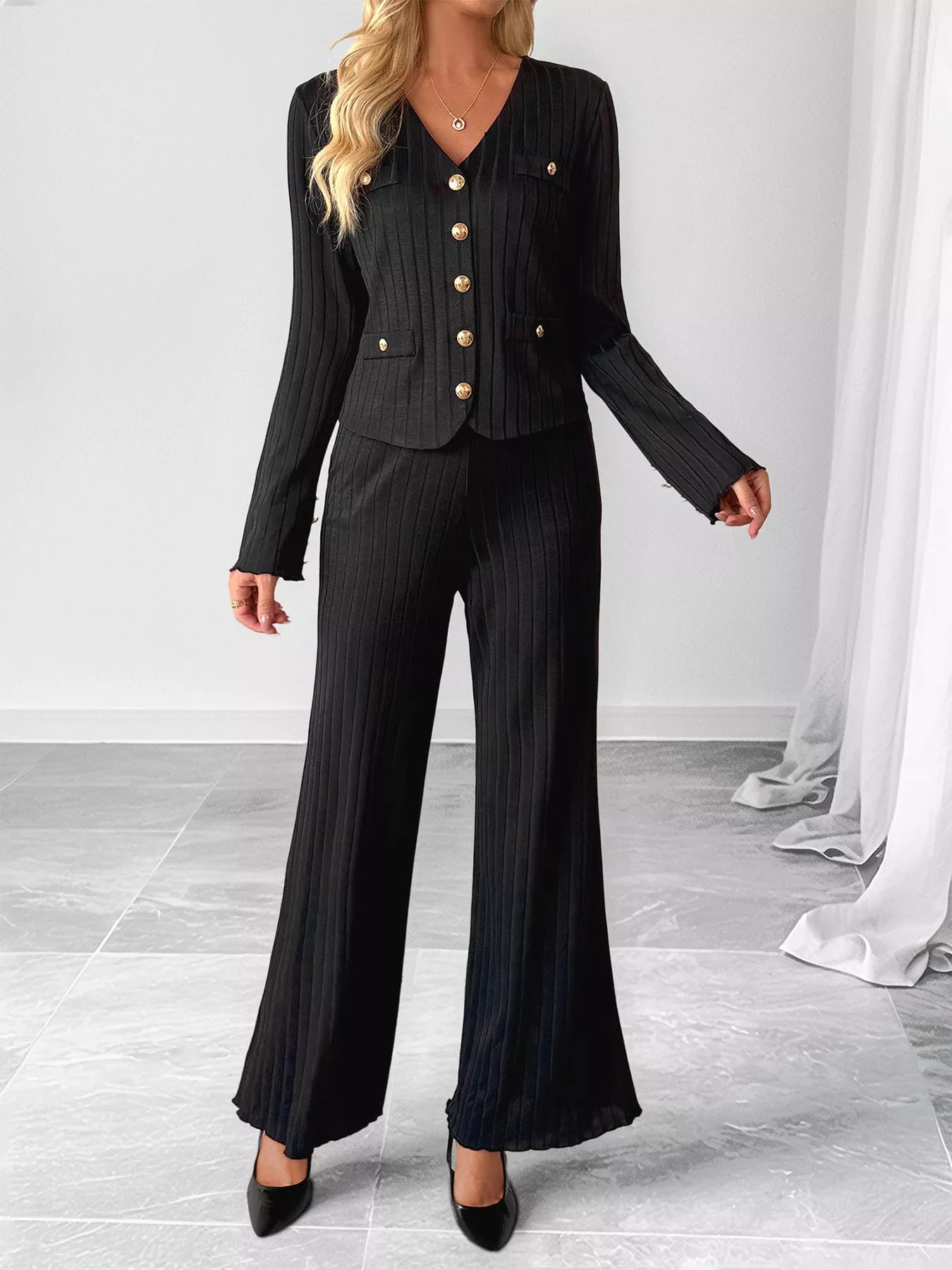 Ribbed Knit Cardigan & Wide Leg Pants Set OutfitFlow