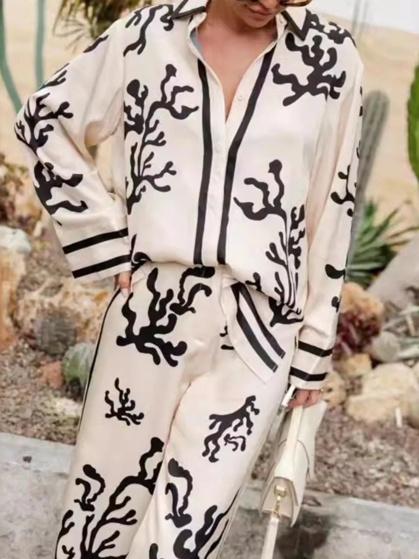 Printed Long Sleeve Shirt and Pants Set OutfitFlow