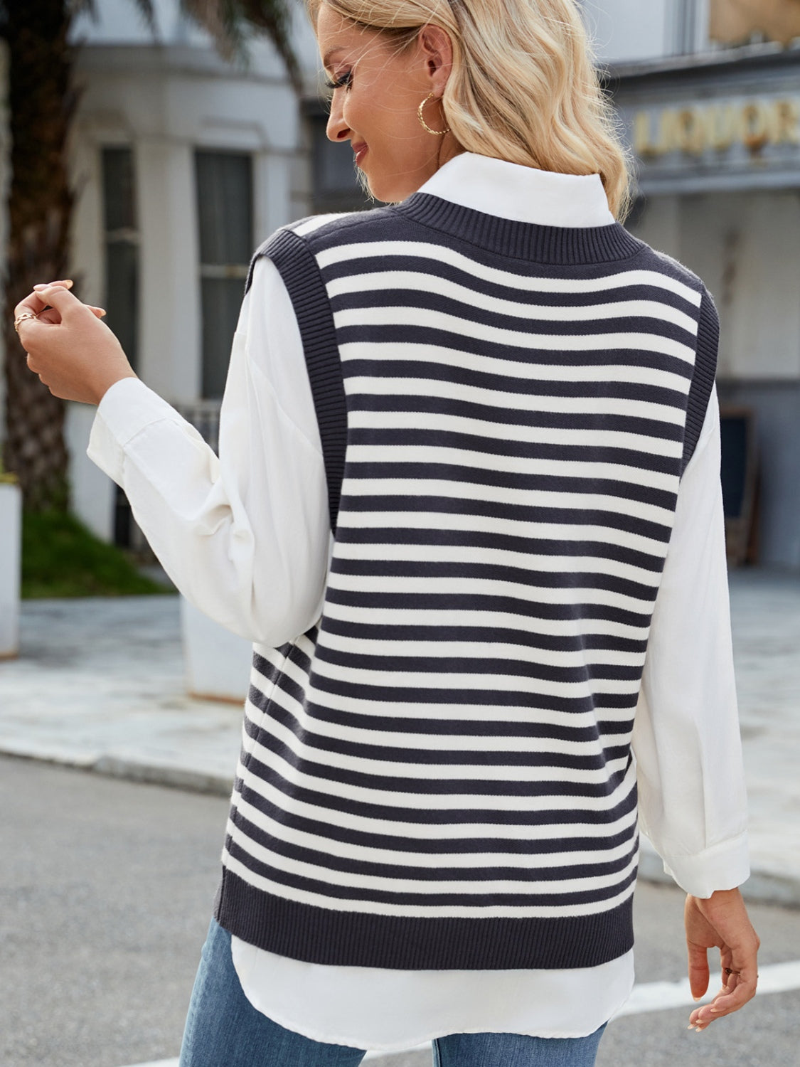 Outfit Flow - Slit V-Neck Striped Sweater Vest