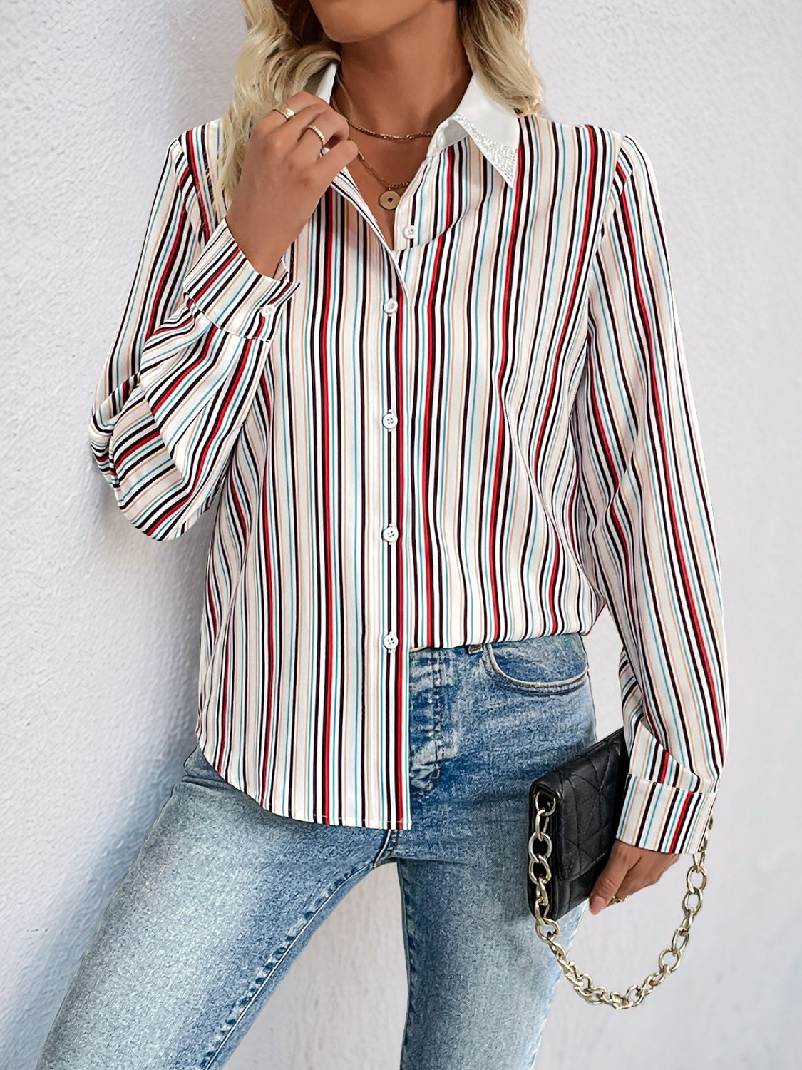 Outfit Flow - Perfee Contrast Striped Collared Neck Long Sleeve Shirt