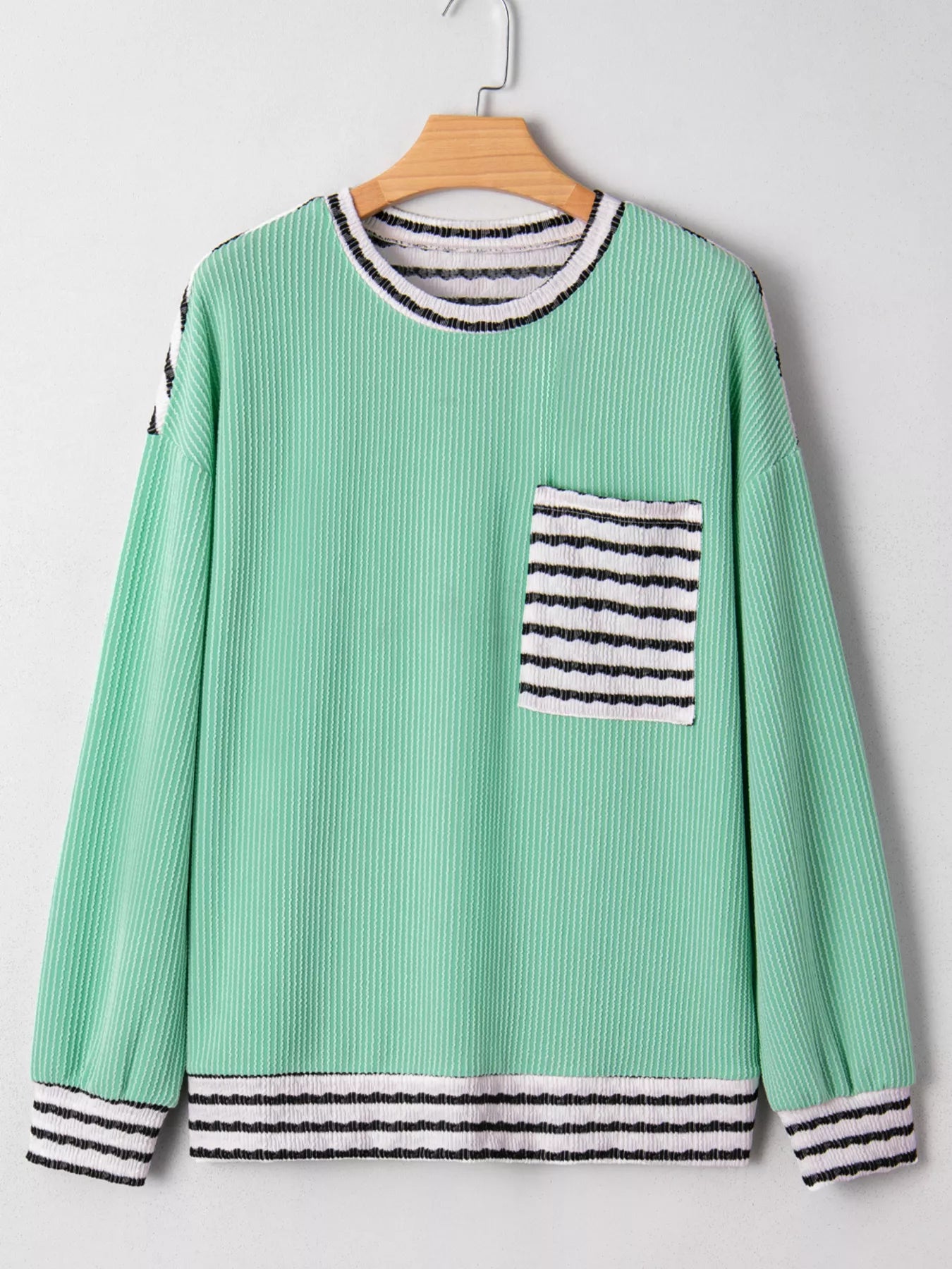 Twisted Ribbed Contrast Round Neck Striped Patchwork Long Sleeve Top OutfitFlow