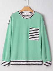 Twisted Ribbed Contrast Round Neck Striped Patchwork Long Sleeve Top OutfitFlow