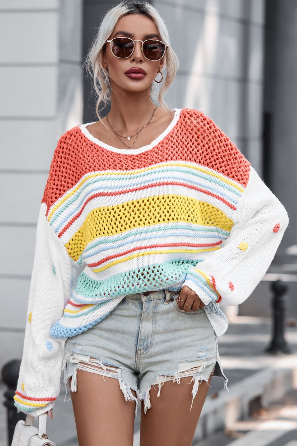 Outfit Flow - Hollow Striped Color Block Round Neck Sweater