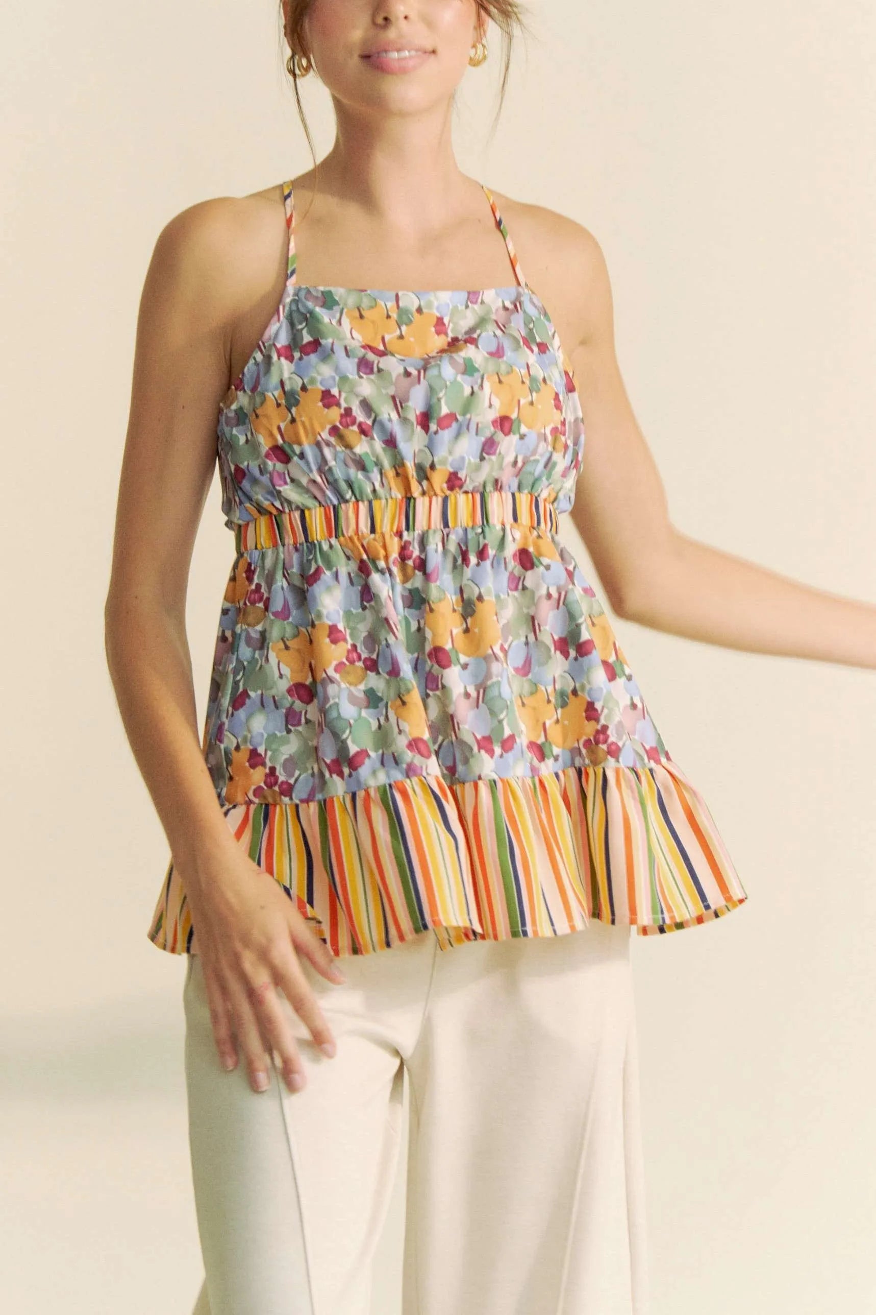 Davi & Dani Floral Smocked Sleeveless Ruffle Back Tie Top OutfitFlow