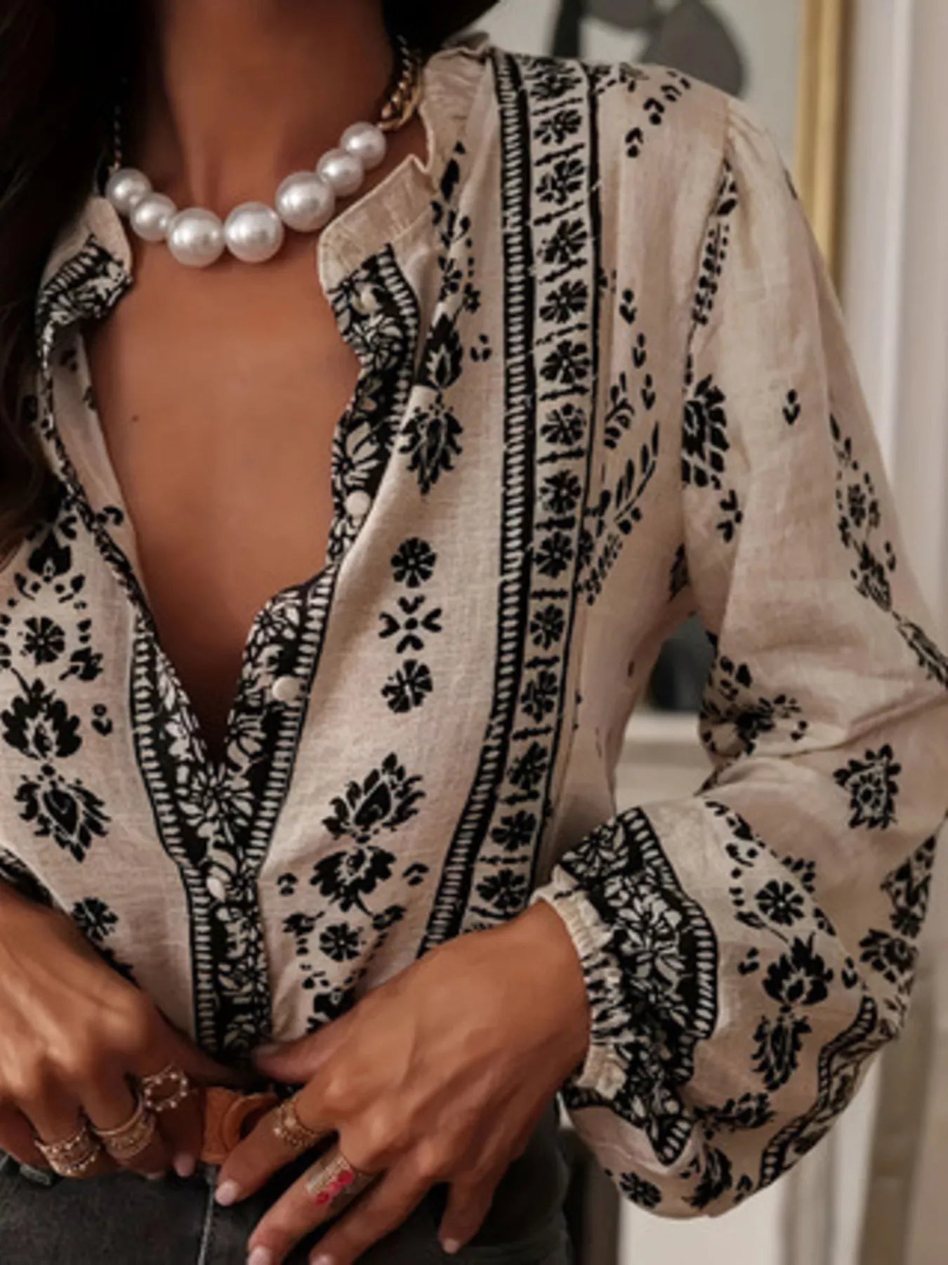 Printed Long Sleeve Blouse OutfitFlow