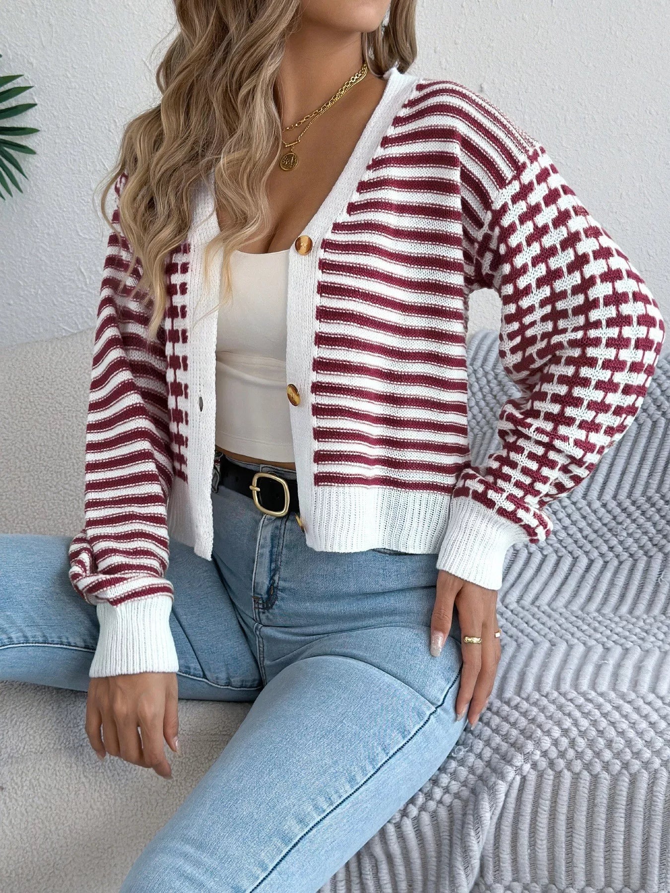 Striped Button-Up Cropped Cardigan Burgundy OutfitFlow