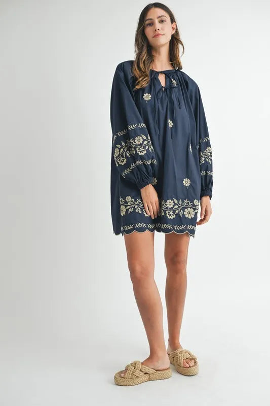 MABLE Embroidered Long Sleeve Peasant Mini Dress OutfitFlow