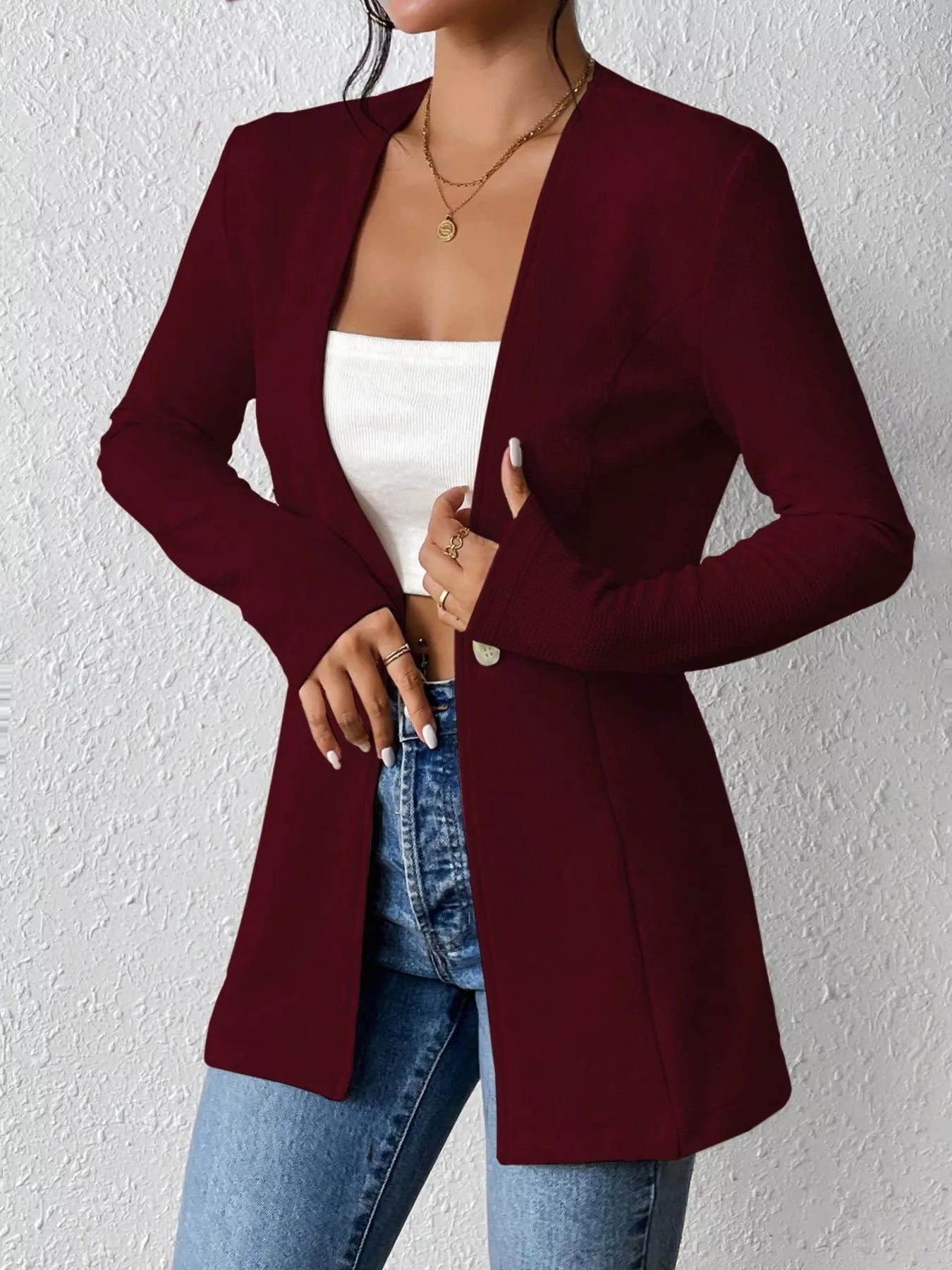 One Button Long Sleeve Blazer Burgundy OutfitFlow